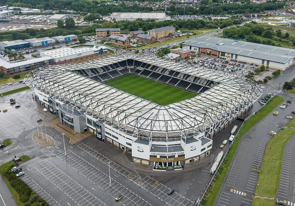 Sân vận động Pride Park nhìn từ trên cao, kiến trúc hiện đại tại Derby, Anh