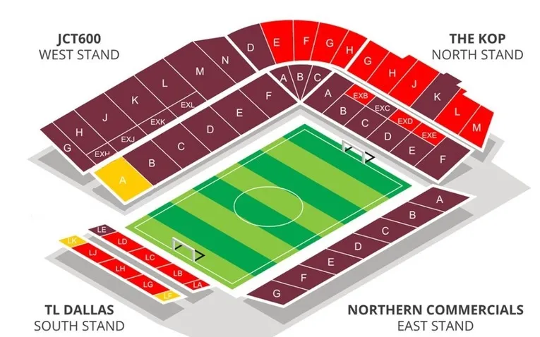 Sơ đồ bố trí các khán đài và khu vực bên trong sân vận động Valley Parade.
