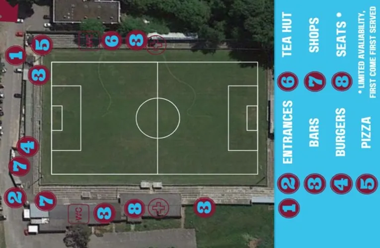 Sơ đồ bố trí các khu vực khán đài và tiện ích tại sân The Meadow của Chesham United.