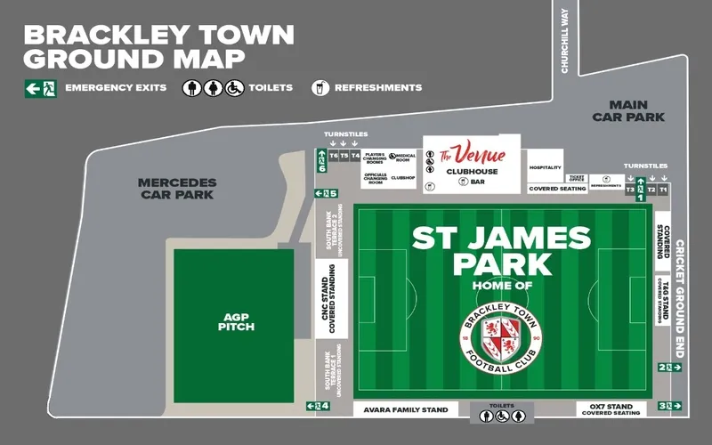 Sơ đồ bố trí các khu vực khán đài và tiện ích tại sân vận động St James Park Brackley