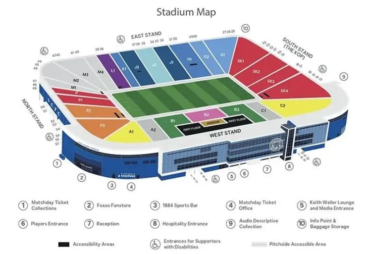 Sơ đồ bố trí chỗ ngồi các khán đài tại King Power Stadium