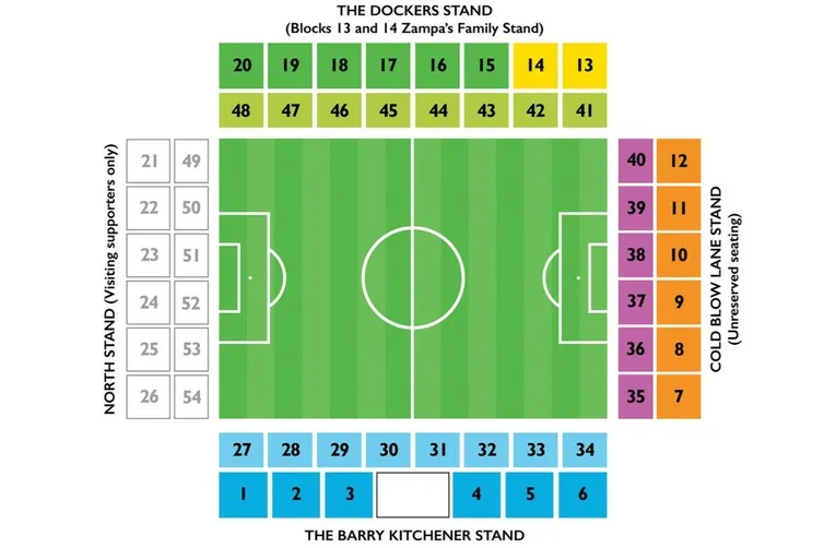 Sơ đồ bố trí chỗ ngồi chi tiết tại sân vận động The Den của Millwall.