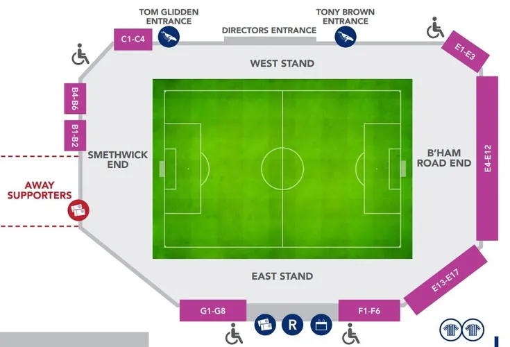 Sơ đồ bố trí chỗ ngồi và các khán đài chính tại sân The Hawthorns của West Brom.