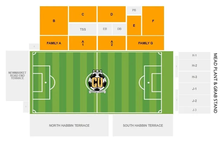 Sơ đồ bố trí khu vực chỗ ngồi chi tiết của sân vận động Abbey Stadium, giúp cổ động viên dễ dàng định vị