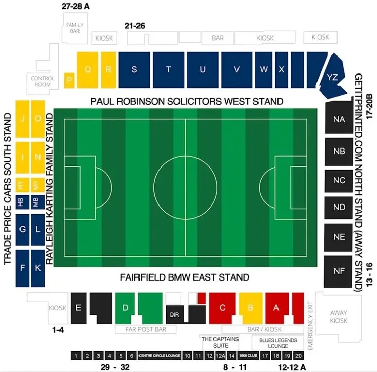 Sơ đồ chi tiết các khán đài và khu vực chỗ ngồi tại sân Roots Hall