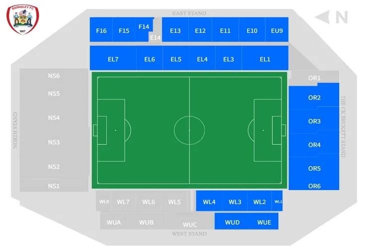 Sơ đồ chi tiết các khán đài và khu vực chỗ ngồi tại sân vận động Oakwell