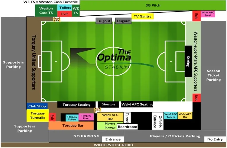 Sơ đồ chi tiết các khu vực khán đài sân Optima Stadium