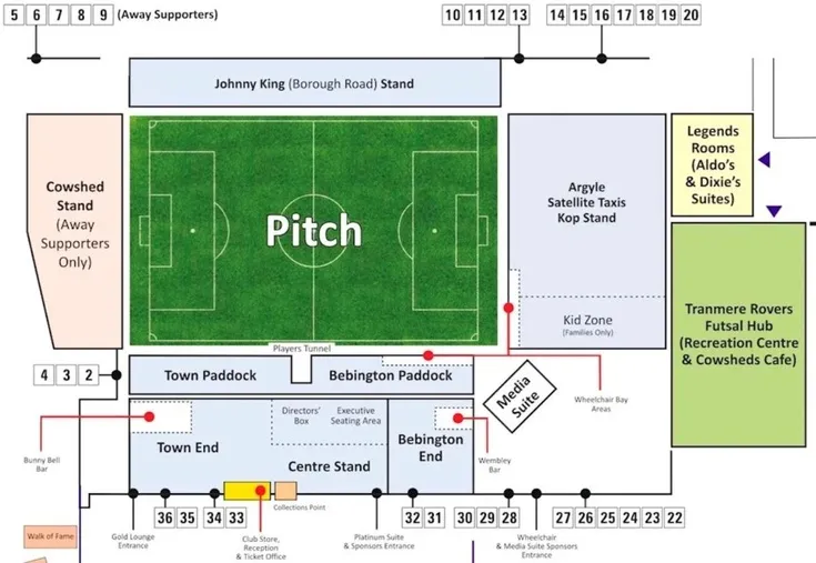 Sơ đồ chi tiết sân Prenton Park, thể hiện vị trí các khán đài chính như Main Stand, Bebington Kop, The Cowshed và Johnny King Stand