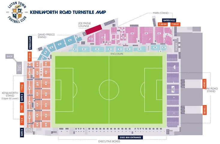 Sơ đồ chi tiết sân vận động Kenilworth Road, minh họa vị trí các khán đài và lối vào chính