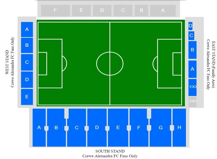 Sơ đồ chỗ ngồi chi tiết của Alexandra Stadium, giúp người hâm mộ dễ dàng tìm vị trí tại sân Gresty Road