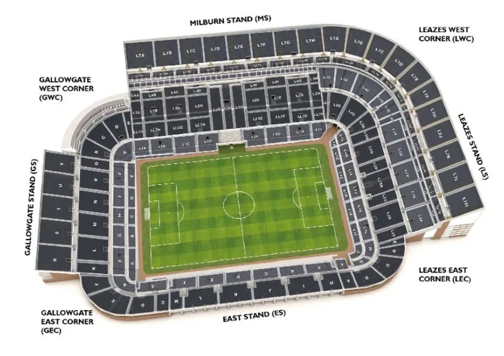 Sơ đồ chỗ ngồi chi tiết của sân vận động St. James' Park, hướng dẫn khu vực khán giả và tiện ích.