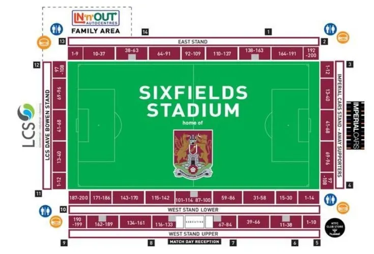 Sơ đồ chỗ ngồi chi tiết sân Sixfields, hướng dẫn khu vực khán đài Northampton Town