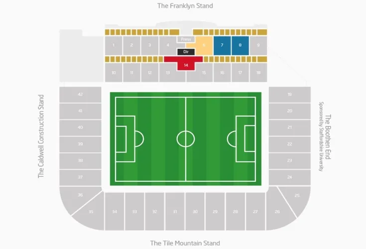 Sơ đồ chỗ ngồi chi tiết tại sân Bet365 Stadium, giúp người hâm mộ dễ dàng định vị các khán đài và khu vực cổ động