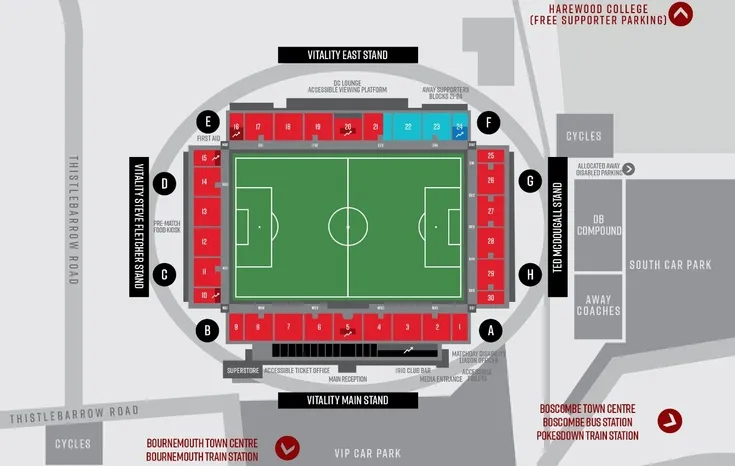 Sơ đồ chỗ ngồi chi tiết tại sân vận động Vitality của AFC Bournemouth