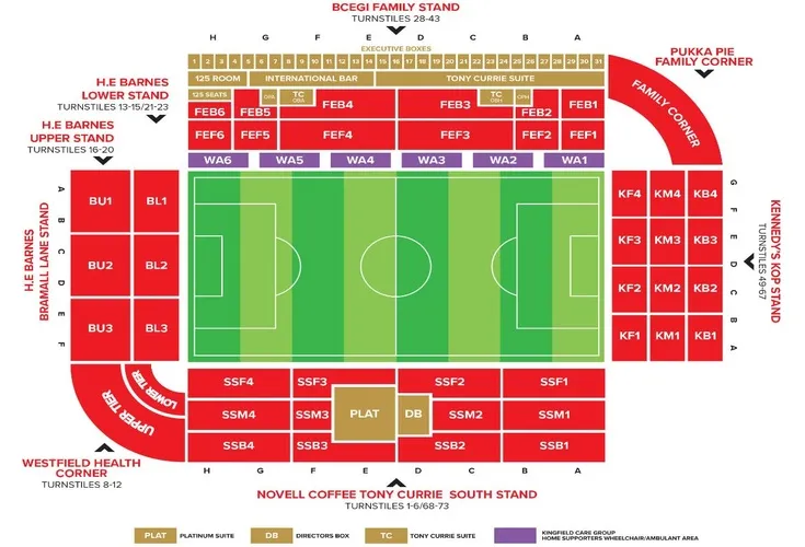 Sơ đồ chỗ ngồi sân Bramall Lane, hướng dẫn vị trí khán đài tại sân nhà Sheffield United