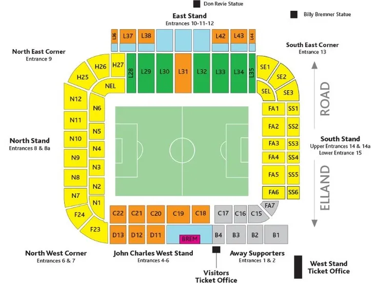 Sơ đồ chỗ ngồi sân Elland Road, minh họa bố cục các khán đài và khu vực