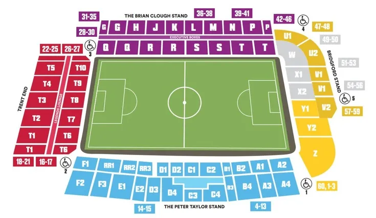 Sơ đồ chỗ ngồi sân The City Ground, chi tiết các khu vực khán đài và lối vào dành cho người hâm mộ Nottingham Forest
