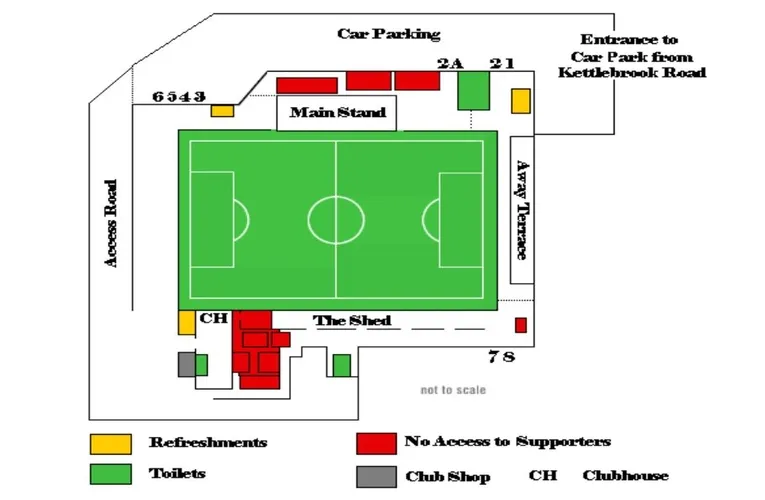 Sơ đồ mặt bằng sân The Lamb Ground Tamworth, chi tiết các khán đài và lối vào